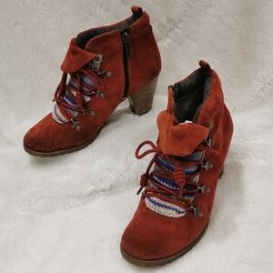 Tamaris Rust Coloured Suede Ankle Boots with Knit False Tongue - Sz 38